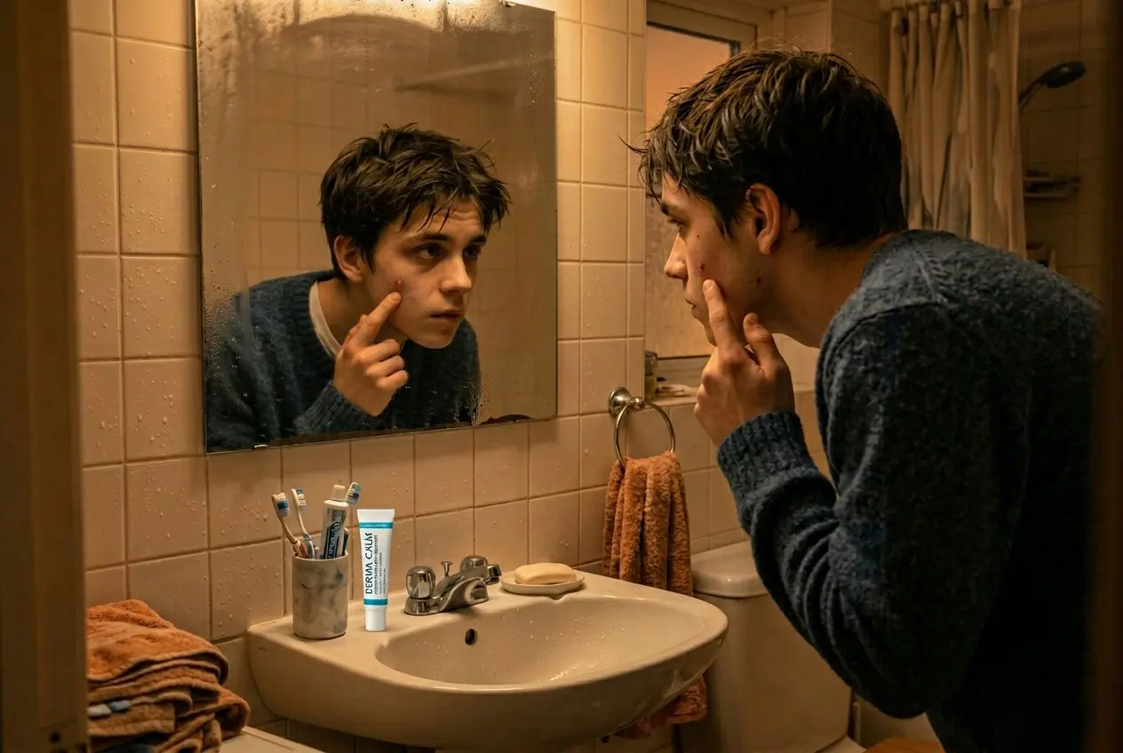 Homme regardant son visage dans le miroir de la salle de bains, se touchant la peau près du menton; tube de soin posé à côté. acné stress zone visage évoqué.