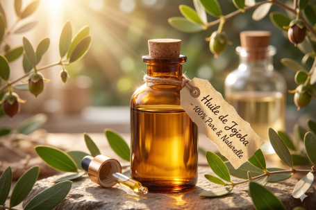 huile de jojoba dans un flacon opaque jaune sur une table avec une étiquette autour