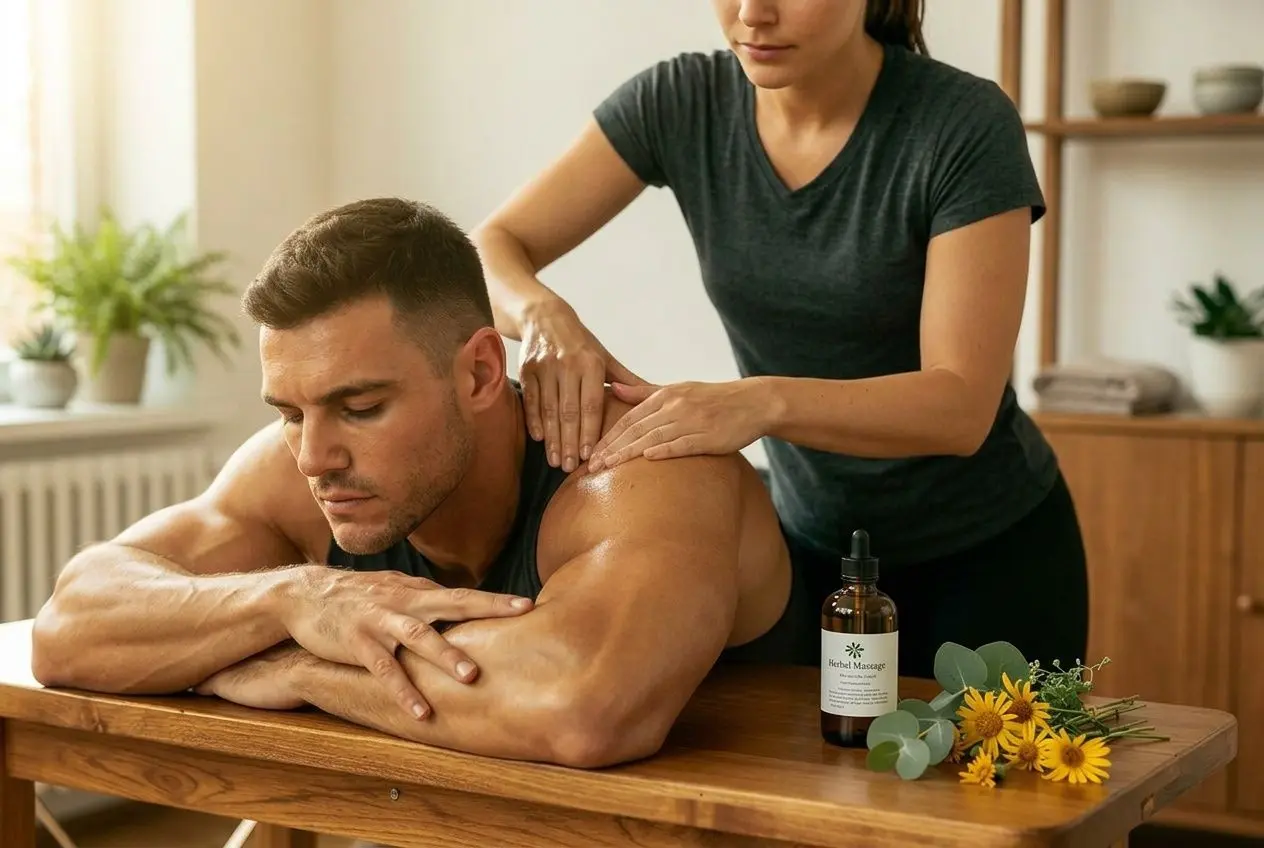 Huile de massage aux plantes posée sur une table de massage pour soulager les douleurs articulaires.