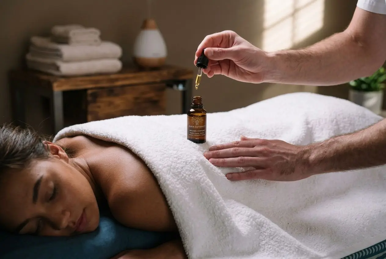 Huile essentielle appliquée en massage pour soulager une migraine avec aura.