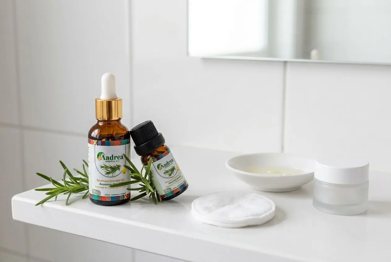 Huile essentielle de romarin posée sur une étagère de salle de bain avec un coton et un brin de romarin frais, dans le cadre d'une routine visage anti-acné.