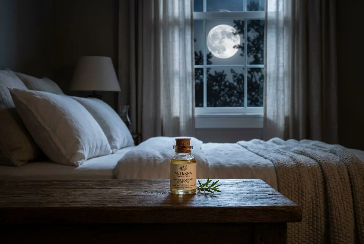 Huile essentielle tea tree douleur musculaire: petit flacon posé sur une table près d’un lit, lune visible par la fenêtre et brins de tea tree à côté.