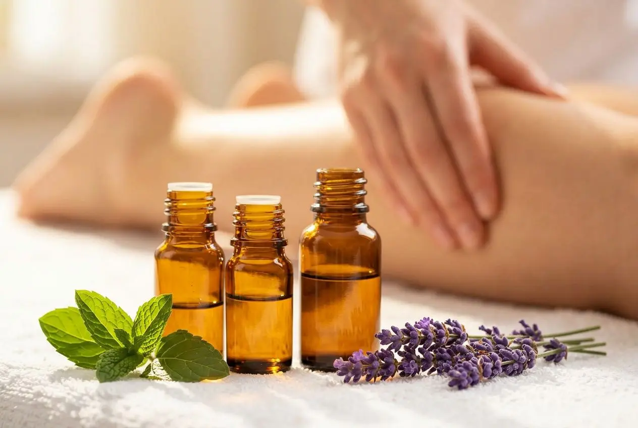 Huiles essentielles naturelles posées sur une serviette blanche avec de la menthe et de la lavande, pendant qu'une personne masse son mollet en arrière-plan.
