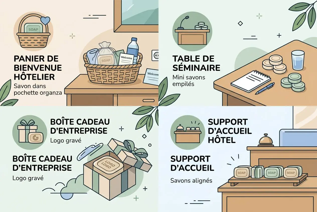 Illustration montrant des savons personnalisés professionnels et des supports d’accueil pour hôtel, avec logo gravé et message sur mesure dans divers cartons et emballages.