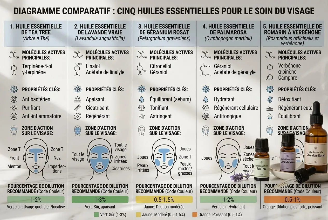 Infographie comparative des cinq huiles essentielles pour le soin du visage posée sur un plan de travail en marbre blanc.