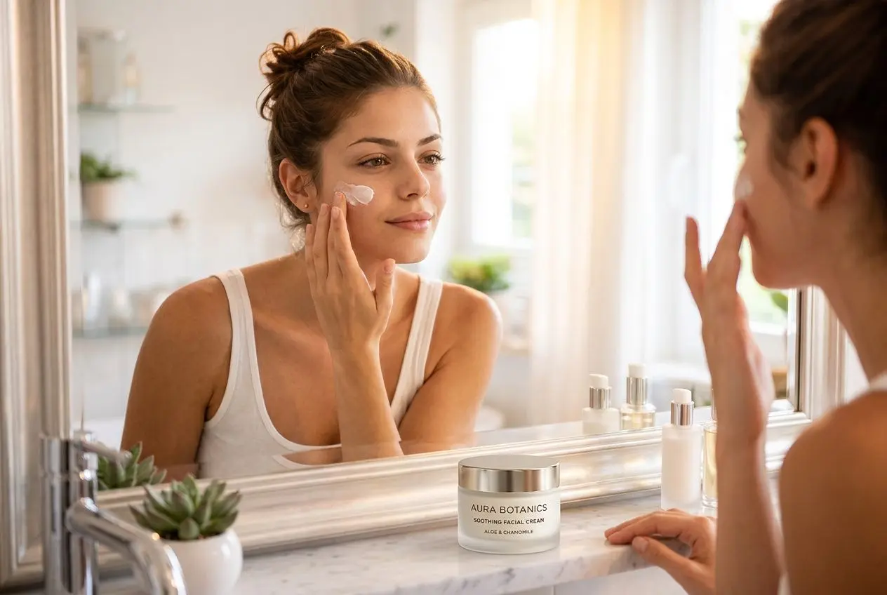 Jeune femme appliquant une crème sur le visage devant le miroir, sur une table de salle de bains. acné stress zone visage est suggéré par le cadre.