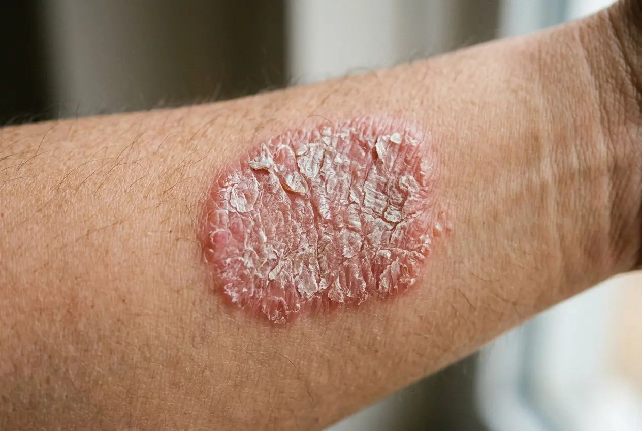 Lésion cutanée rouge et squameuse sur le bras, typique d’un psoriasis; démonstration d’une peau enflammée et sèche. psoriasis cause subtilement évoqué.