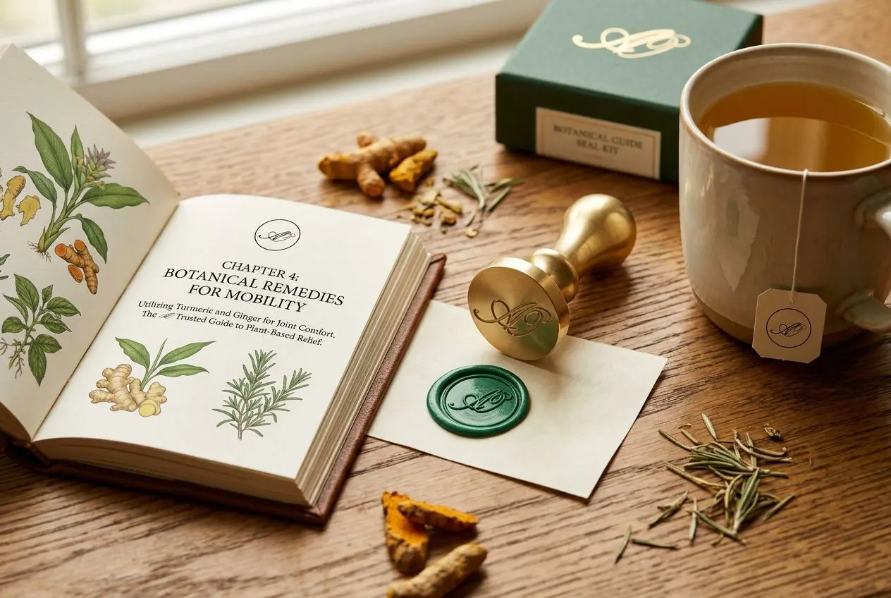 Logo de marque posé sur un bureau en bois à côté d'un livre ouvert et d'une tasse de tisane aux plantes.