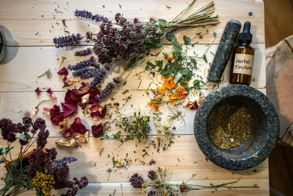 Mélange d’herbes séchées et fleurs aromatiques sur planche en bois, avec mortier et broyeur, et flacon d’Herbal Tincture. les plantes médicinales de a à z.