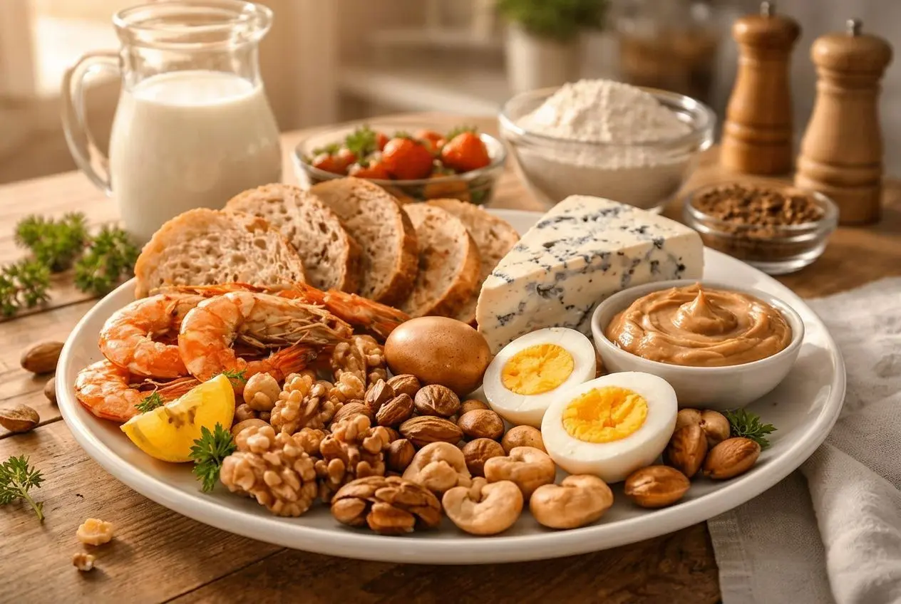 Plateau d'aliments allergènes courants pouvant déclencher la dyshidrose, posé sur une table en bois.