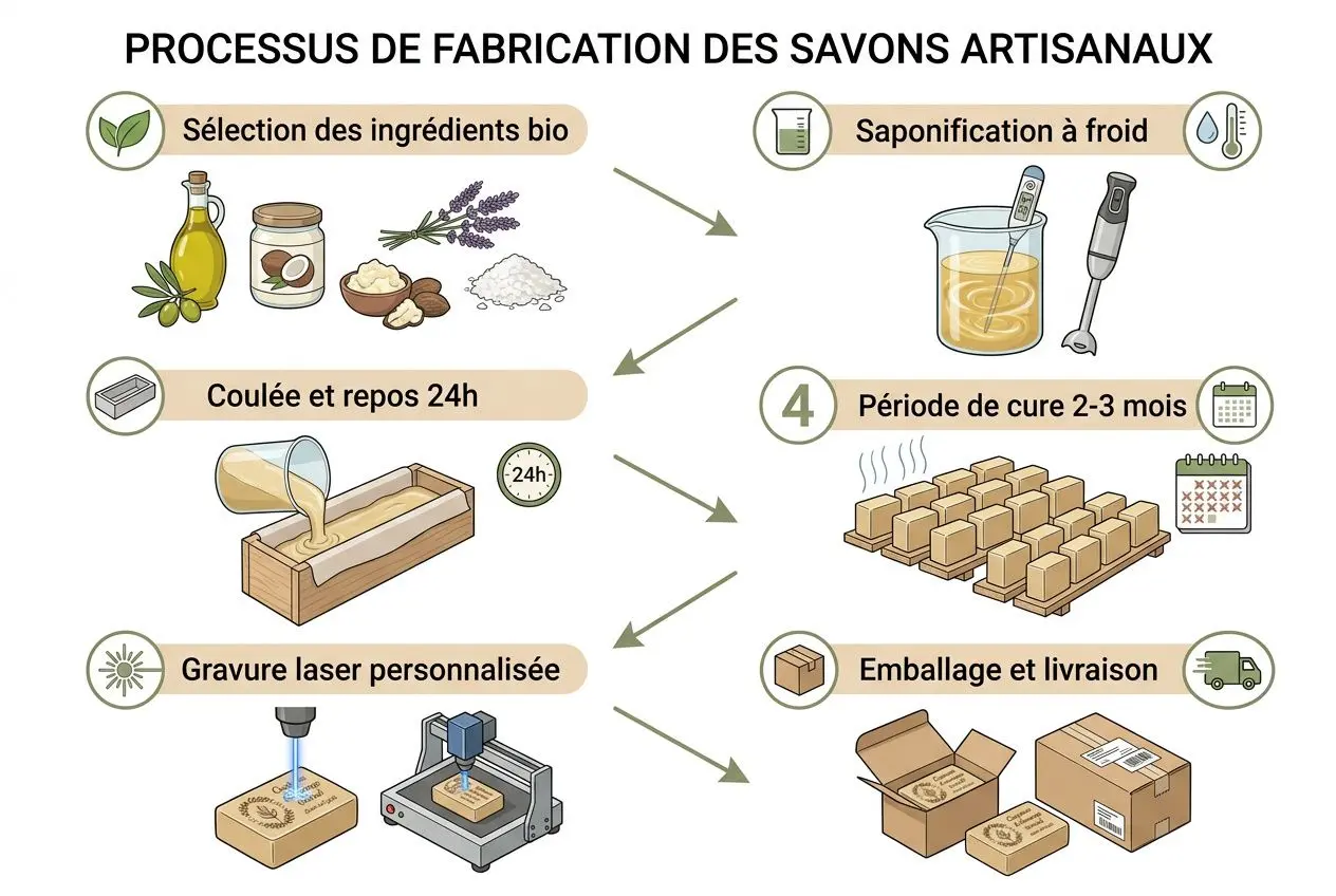 Processus de fabrication des savons artisanaux avec gravure laser et emballage, incluant ingrédients bio, saponification à froid et personnalisation professionnelle.