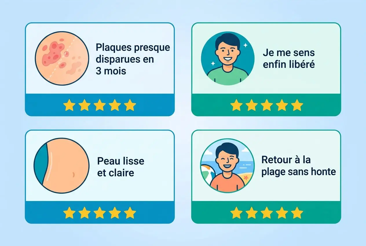 Quatre témoignages illustrés sur la biothérapie psoriasis avis: plaques presque disparues, soulagement, peau lisse et claire, et retour à la plage sans honte.
