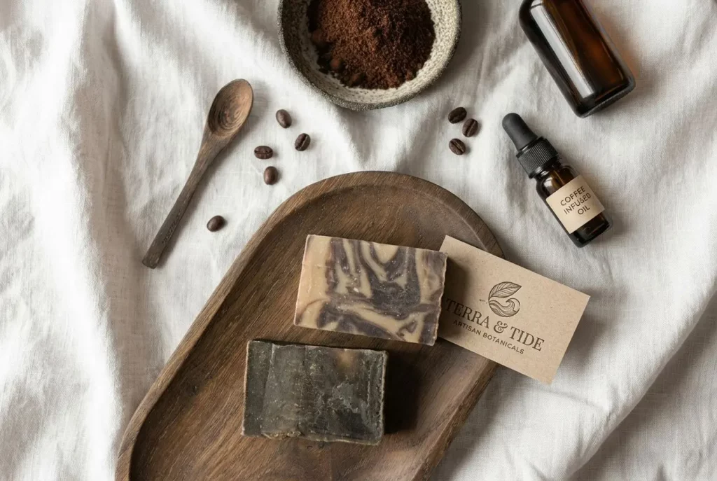 Savons personnalisés professionnels : deux blocs de savon marbré sur planche en bois, échantillon et carte logo Terre & Tide, ambiance naturelle.