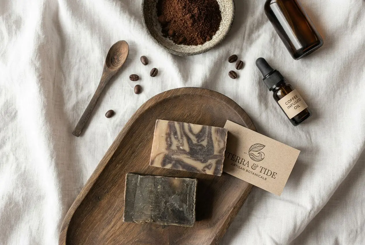 Savons personnalisés professionnels : deux blocs de savon marbré sur planche en bois, échantillon et carte logo Terre & Tide, ambiance naturelle.