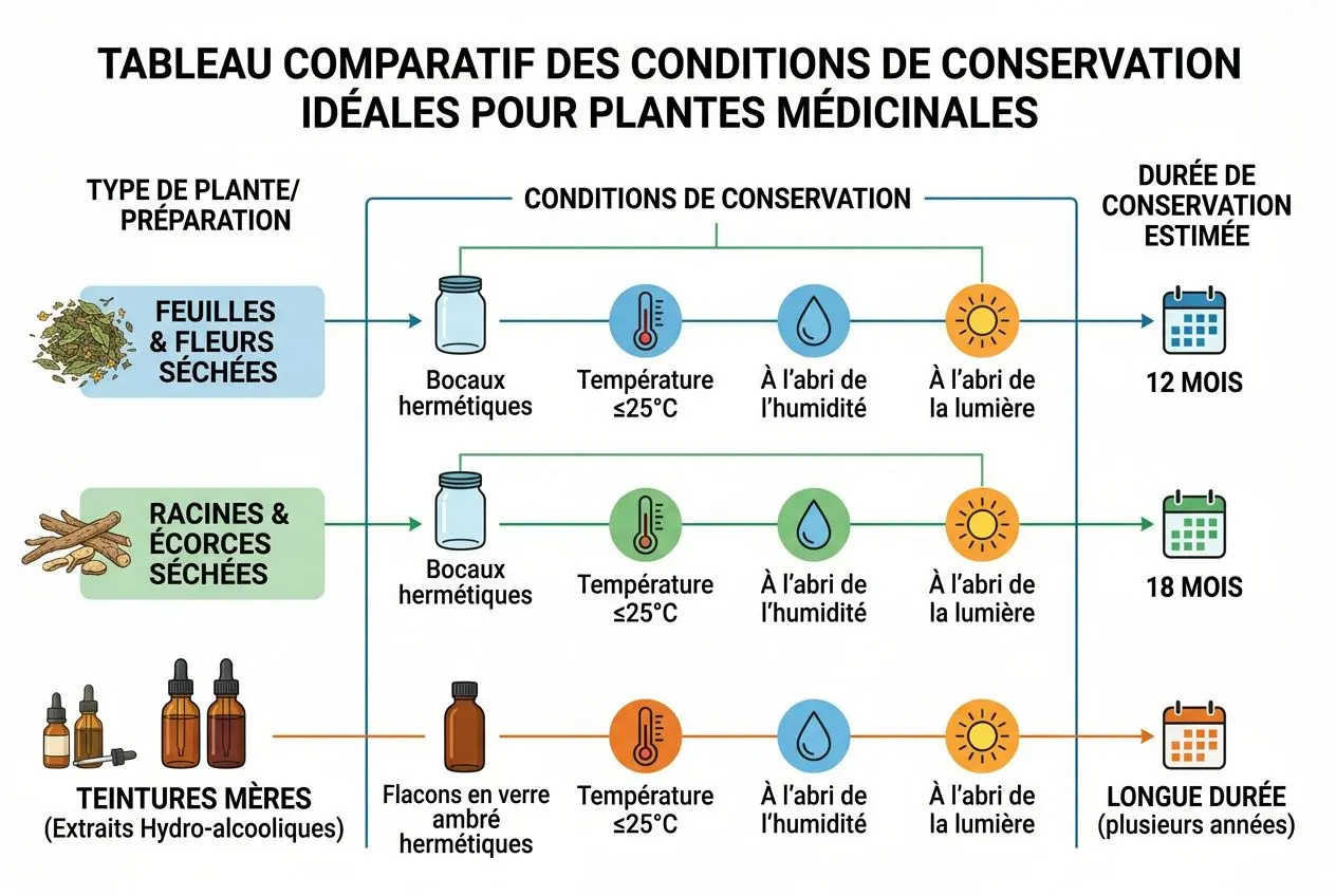 Tableau comparatif des conditions de conservation idéales pour plantes médicinales, avec feuilles, racines et teintures mère.