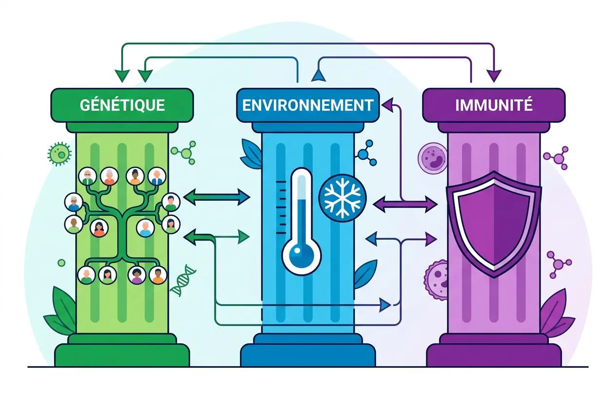 Trois fioles colorées illustrent les facteurs du psoriasis cuir chevelu enfant: génétique, environnement et immunité, avec flèches montrant leurs interactions.