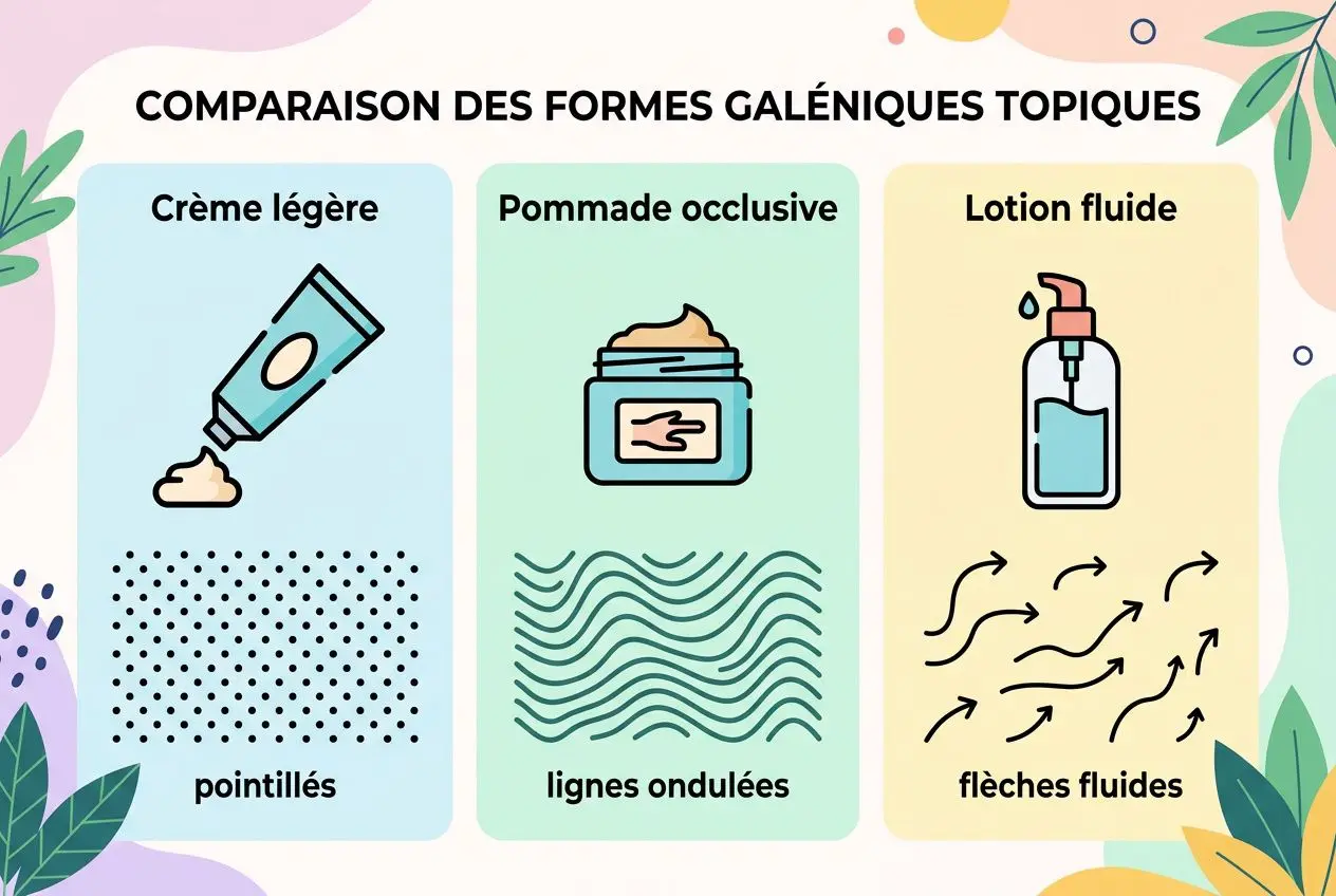 Comparaison des formes galéniques topiques pour psoriasis visage traitement efficace : trois panneaux montrant crème légère, pommade occlusive et lotion fluide avec motifs adaptés.