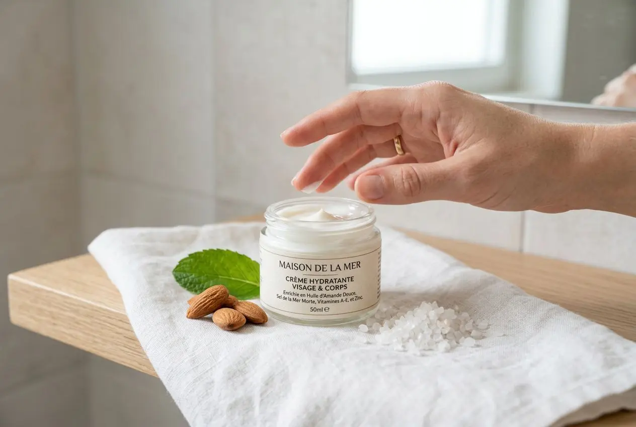 Crème hydratante visage et corps sur lin doux, pot ouvert, main prête à prendre la texture; amandes et menthe autour. est la meilleure huile pour peau