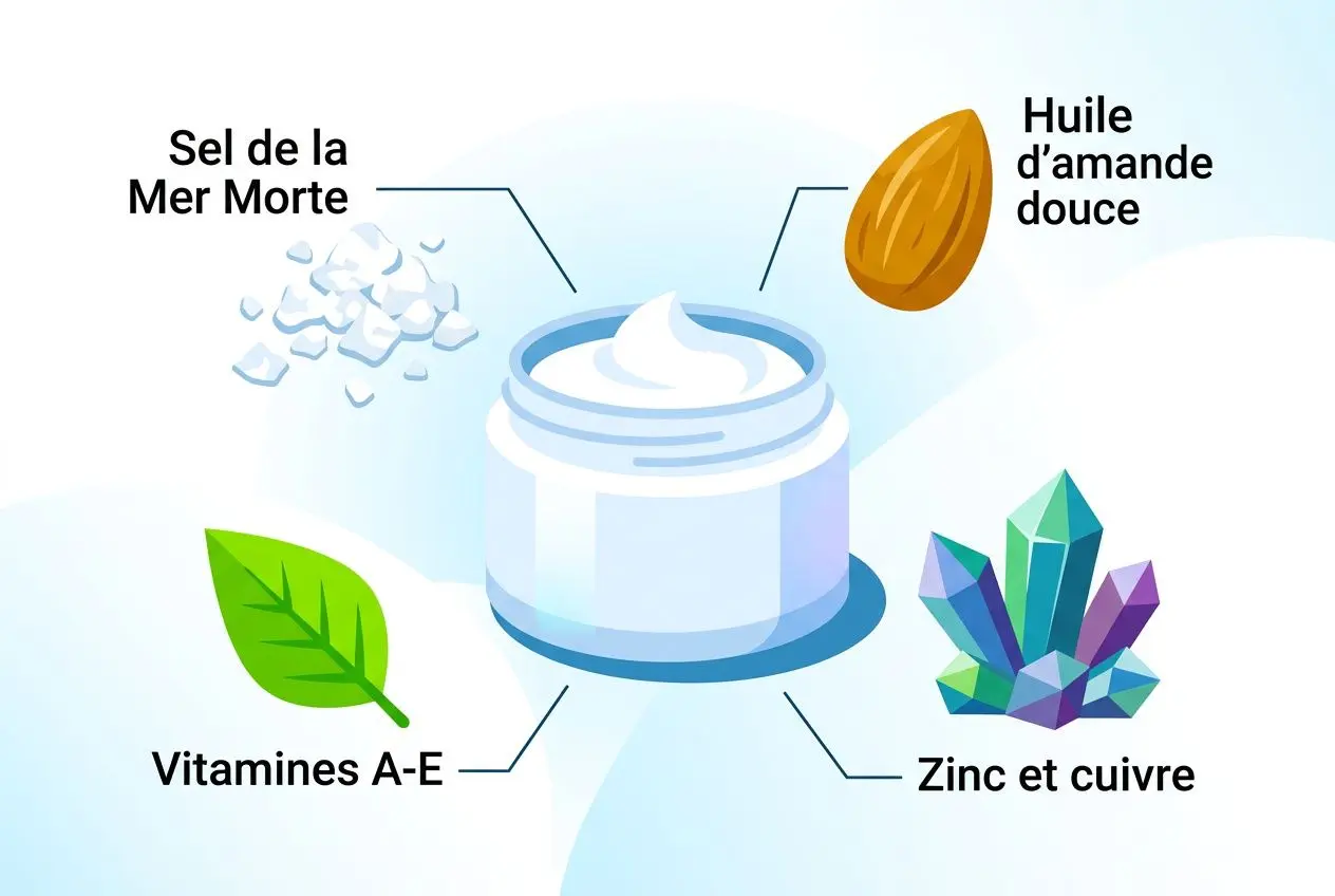 Crème au sel de la Mer Morte avec huile d’amande douce et zinc, riches en vitamines A-E et cuivre, présentée dans un pot. Mer morte et psoriasis.