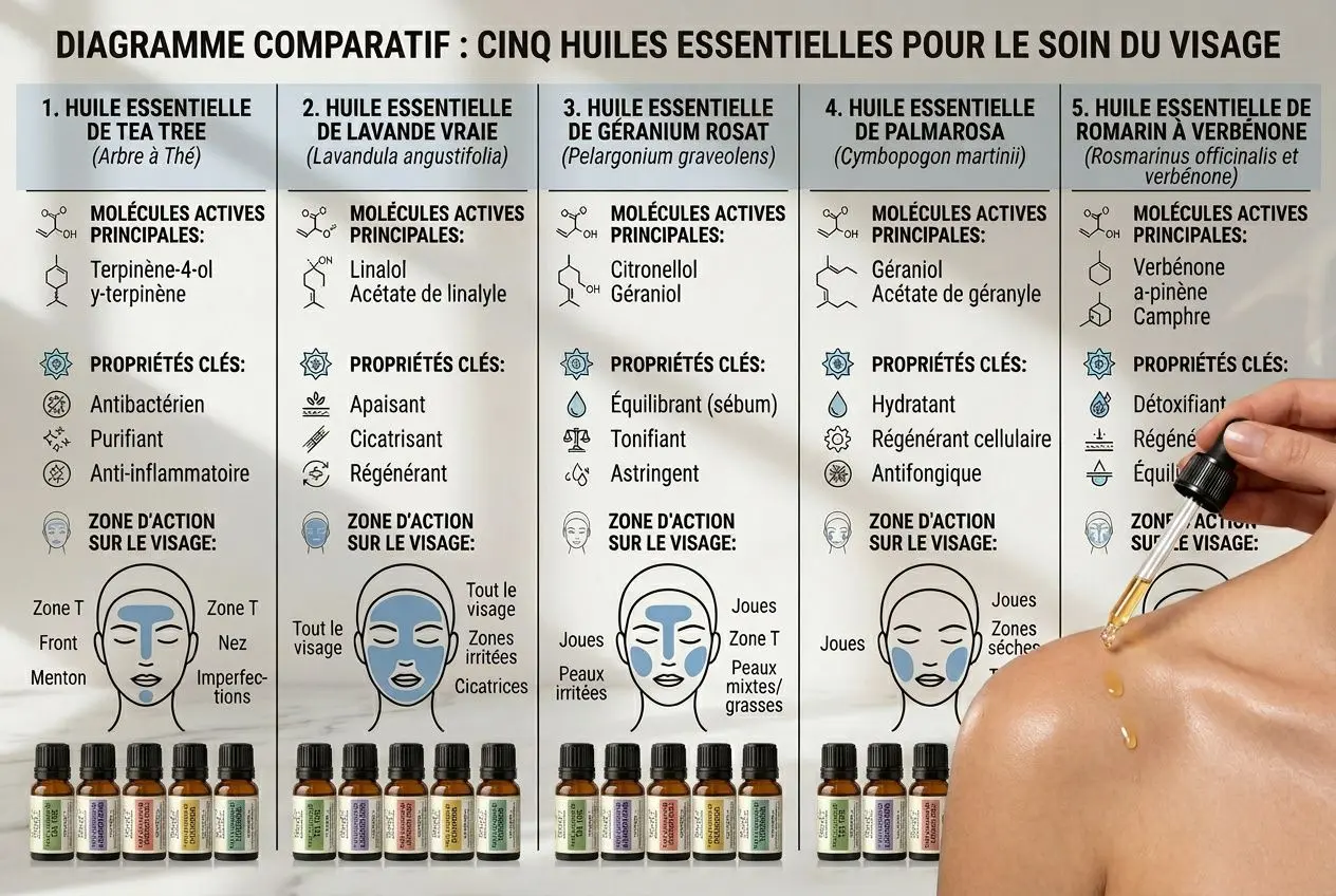 Diagramme comparatif des huiles essentielles pour le soin du visage et une goutte d'huile végétale près du couloir du visage, prêt à retendre la peau.