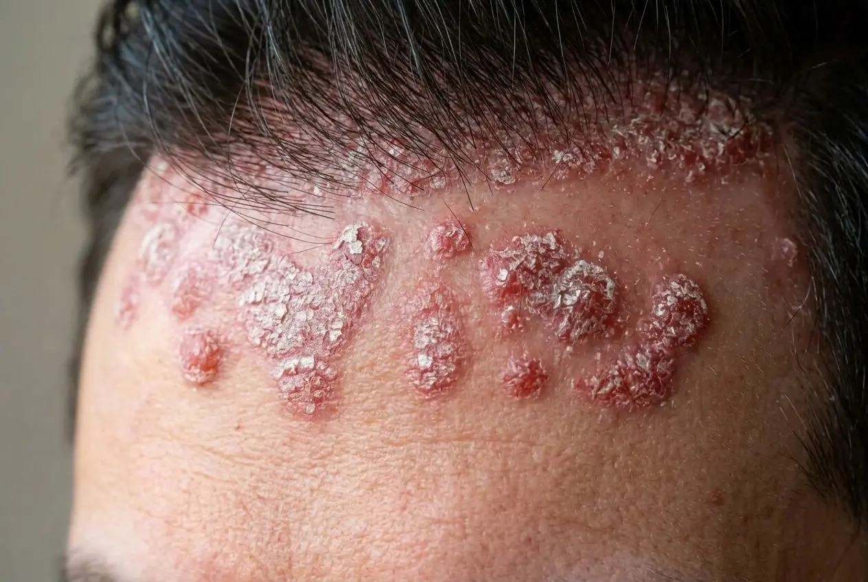 Éruption psoriasiforme sur le front et la tempe avec plaques rouges squameuses, typique du psoriasis du cuir chevelu. Inclut des squames blanches. motif proche du cuir chevelu. psoriasique cuir chevelu shampo.