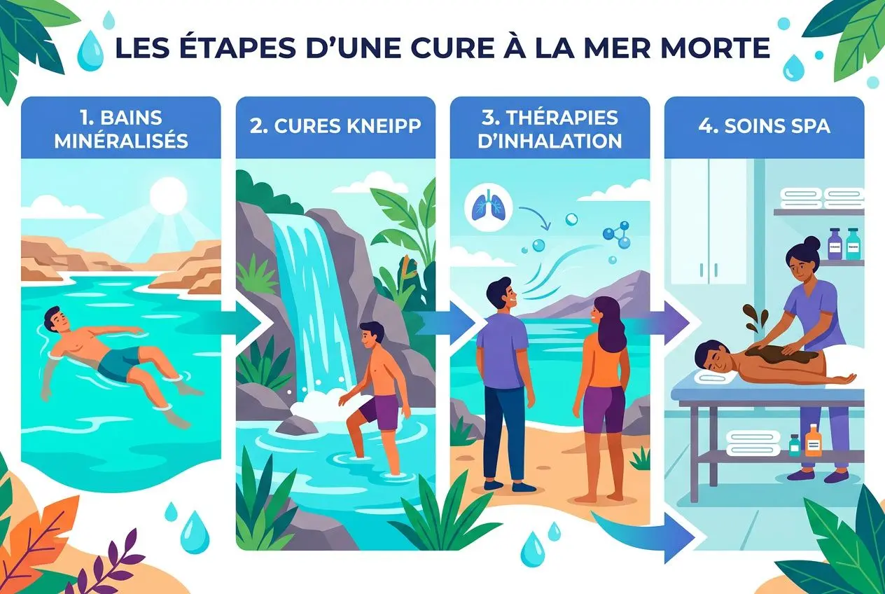 Étapes d’une cure à la mer morte: bains minéralisés, cures Kneipp, thérapies d’inhalation, soins spa pour apaiser la peau. mer morte et psoriasis.
