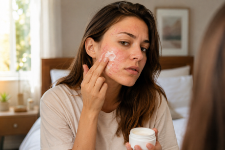femme brune qui applique de la crème visage sur son psoriasis. Elle est dans sa chambre le matin.