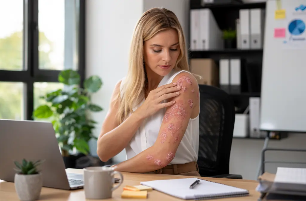Femme montrant son bras avec des plaques rouges associées au psoriasis visage traitement efficace pendant une consultation au bureau.