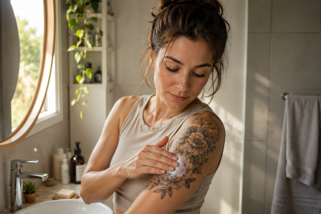 femme qui entretien son tatouage dans sa salle de bain.