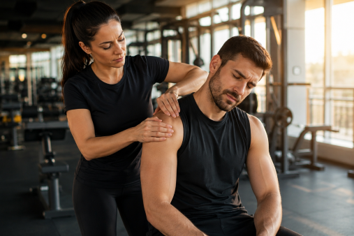 femme qui masse un homme dans un salle de sport