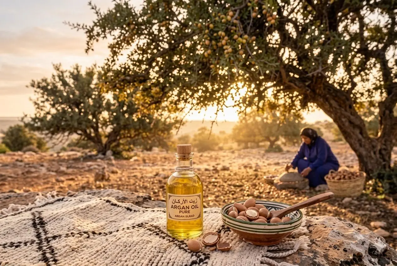 Flacon d’huile d’argan pure posée sur une nappe saharienne avec des coquilles, sous un arbre au coucher du soleil; femme en arrière-plan. huile végétale pour retendre la peau