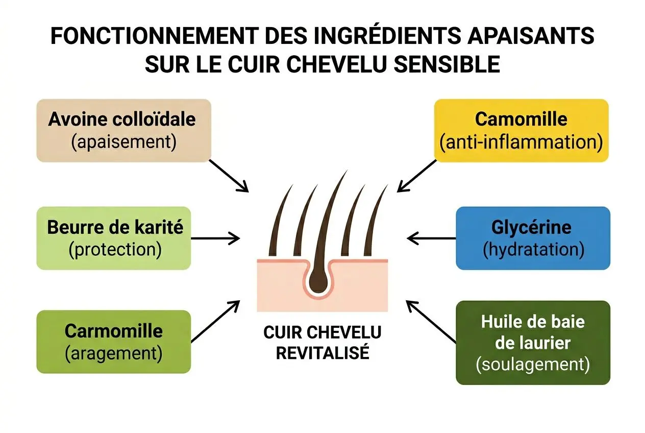 Fonctionnement des ingrédients apaisants sur le cuir chevelu sensible, avec des composants comme avoine colloïdale, camomille, beurre de karité, caromille, glycérine, et huile de baie de laurier, revitalisant le cuir chevelu. meilleur shampoing hypoallergénique intégré.