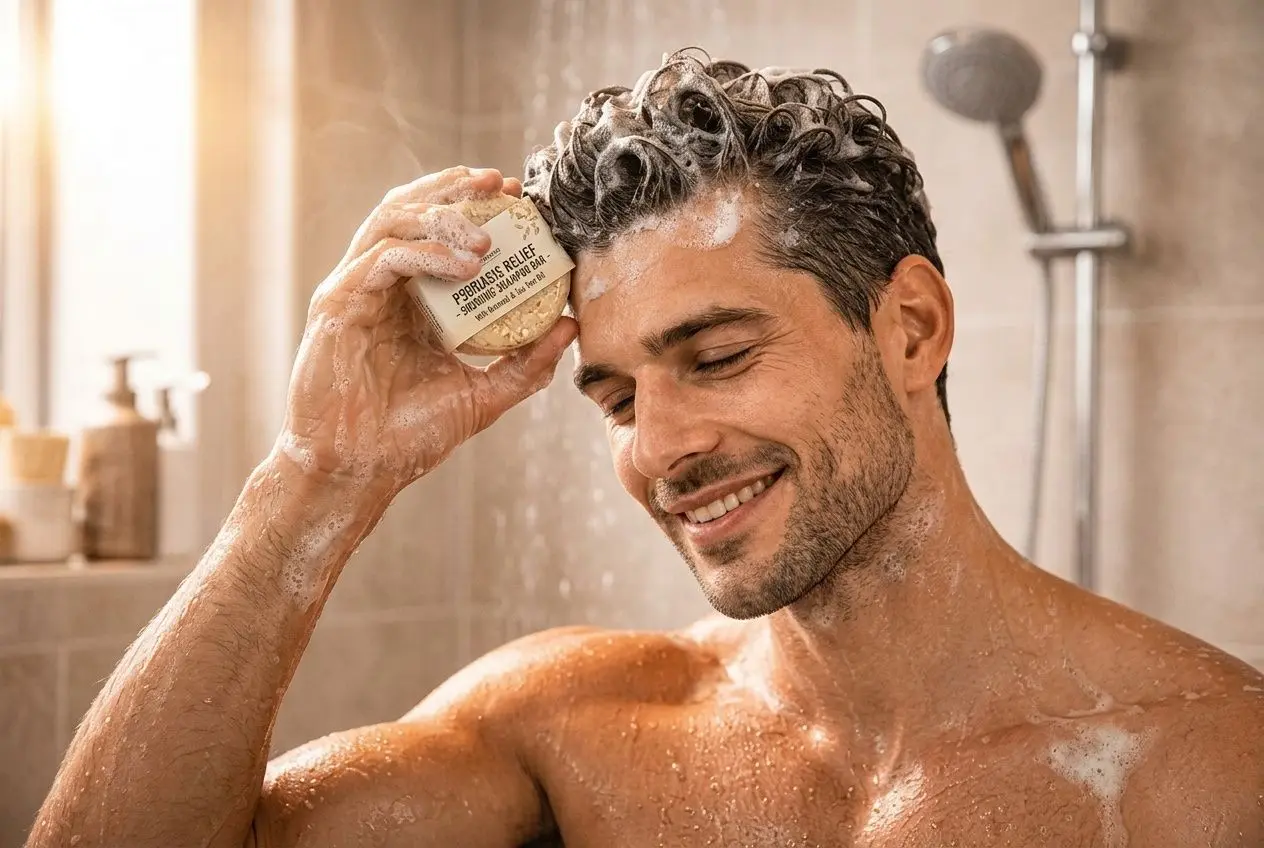 Homme se lavant les cheveux dans la douche, application d’un shampoing pour psoriasis cuir chevelu sur la tête. psoriasi cuir chevelu shampo intégré.