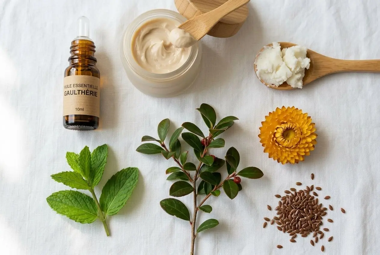 Huile essentielle et crème sur planche, avec des feuilles et des graines; items naturels pour le psoriasis cuir chevelu shampo.