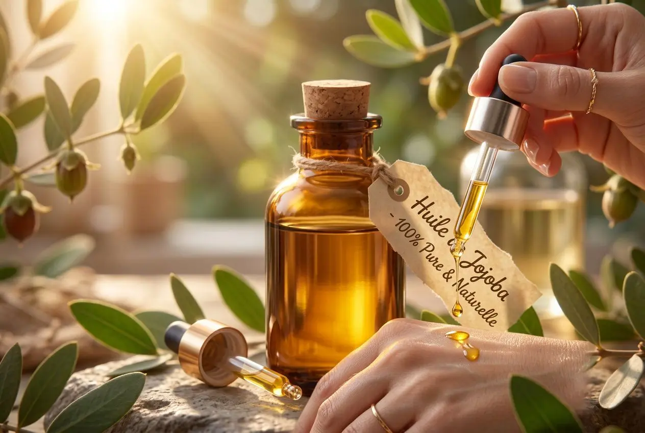 Huile végétale en flacon, goutte pipette au premier plan et label indiquant “100% Pure & Naturelle”, ambiance naturelle et feuilles autour. est la meilleure huile pour peau