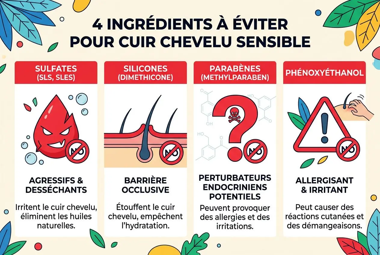 Infographie sur les 4 ingrédients à éviter pour cuir chevelu sensible, avec avertissements: sulfates, silicones, parabènes et phénoxyéthanol, et leurs effets irritants.