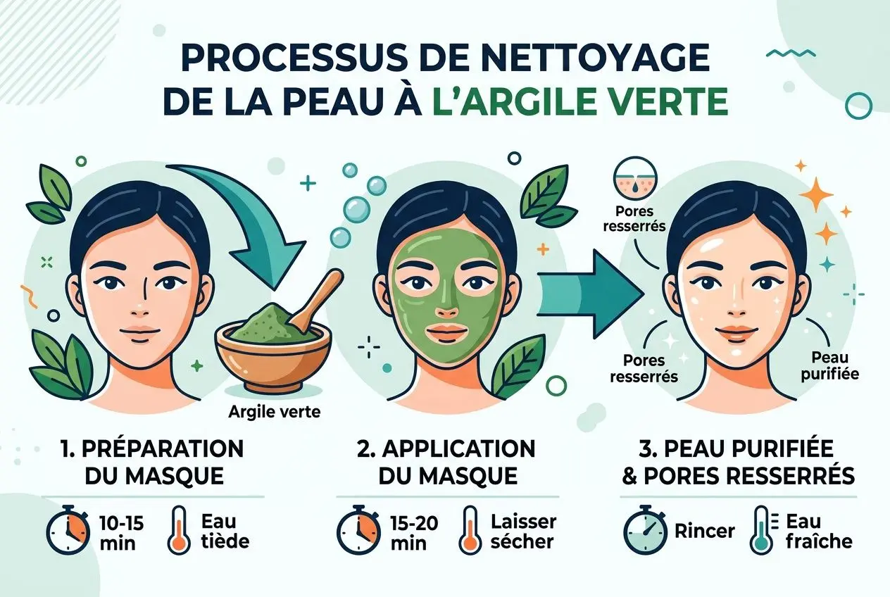 Processus de nettoyage peau à l’argile verte: masque, application et peau purifiée avec pores resserrés, idéal pour remède de grand mère contre les boutons et points noirs.