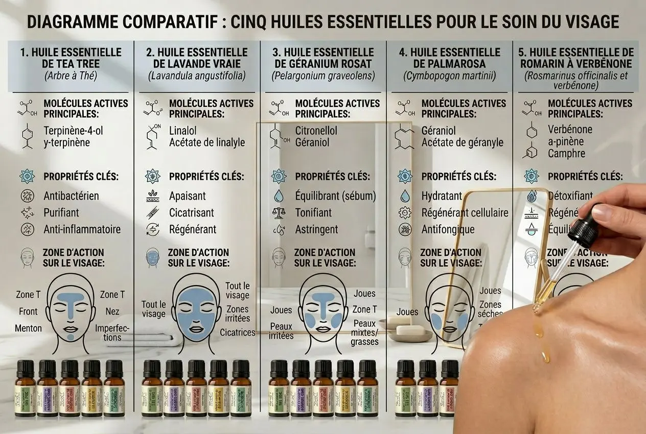 Quatre publicités d’huiles essentielles pour le soin du visage, avec flacons en bas et personne appliquant une huile sur le cou. est la meilleure huile pour peau