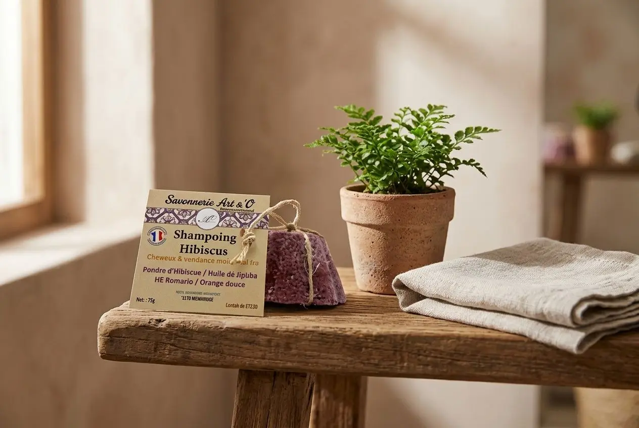 Savonette et shampoing Hibiscus posé sur une table en bois, près d’une petite plante en pot et d’un linge plié, ambiance naturelle. meilleur shampoing hypoallergénique