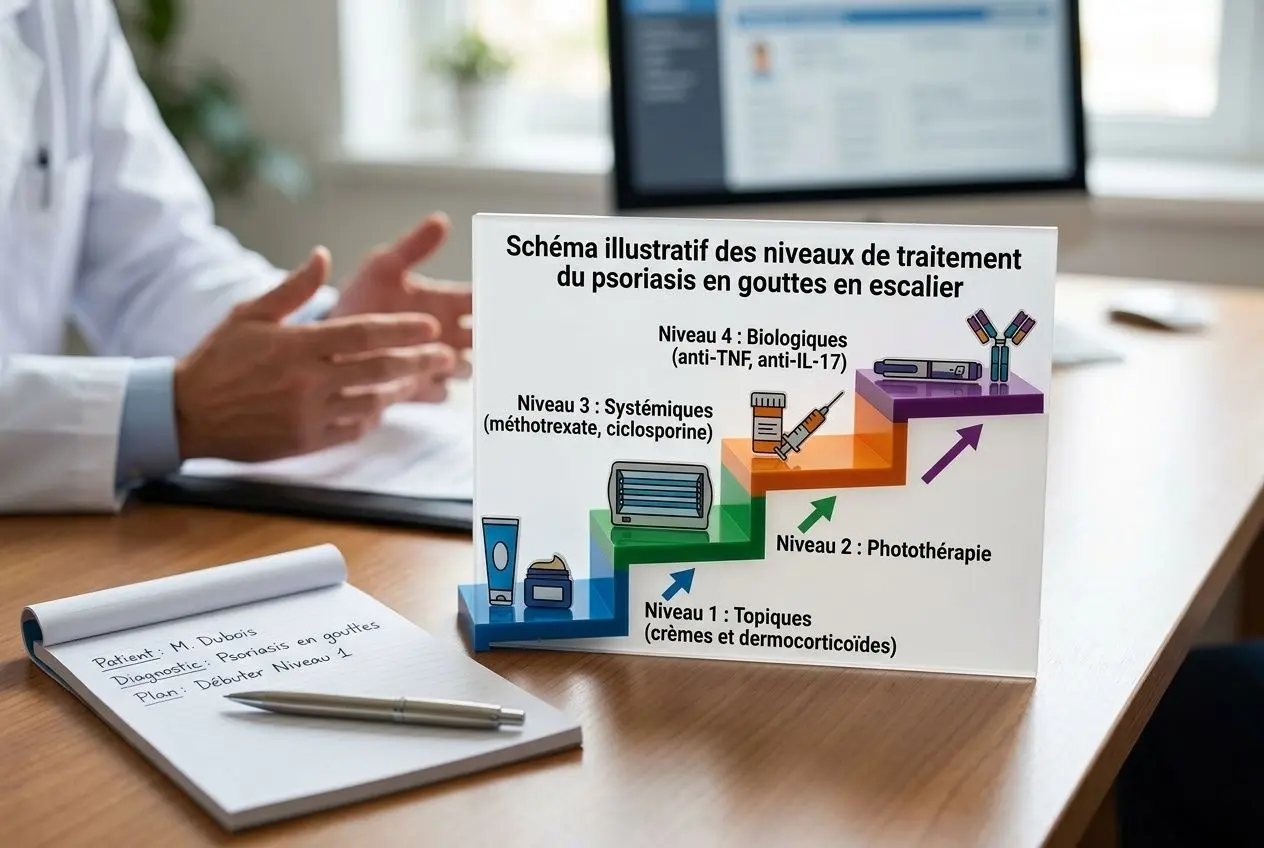 Schéma illustrant les niveaux de traitement du psoriasis en gouttes en escalier, avec échelle et photos de cellules et flèches, sur une table près d’un PC. Nouveau traitement psoriasis 2025 intégré subtilement.