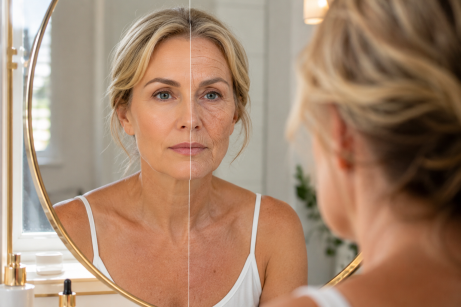 vieillissement de la peau sur une femme. Dans une salle de bain devant un miroir.
