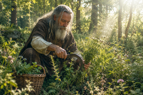 Un druide celte qui cueille pour le pouvoir des plantes. Il est assis dans une forêt avec pleins d'arbres.