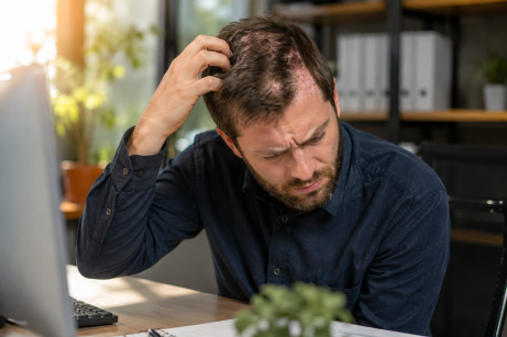 homme avec une chute de cheveux. Il a du psoriasis et est au bureau