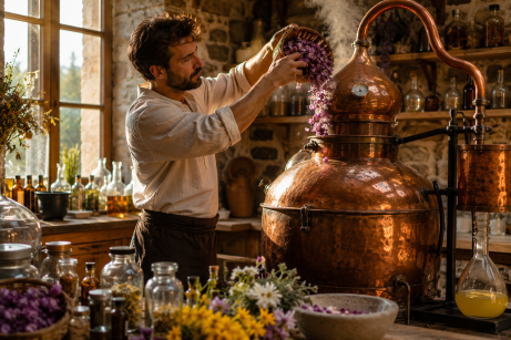 le pouvoir des huiles essentielles. Un homme qui verse dans son alambic des fleurs pour l'extraction.