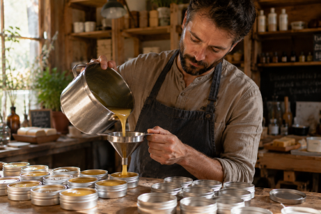 savonnier qui verse un baume artisanal plus efficace dans son laboratoire en utilisant un entonnoir.