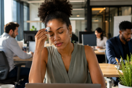 Huiles essentielles pour migraine et sinusite. Une femme applique un roll on sur son front au bureau.