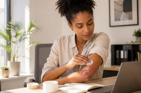 Psoriasis peau noire. Une femme s'applique de la crème sur son bras couvert de psoriasis au bureau