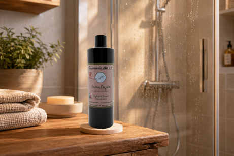 Savon dermatologique liquide. Le savon est présenté sur un lavabo dans une salle de bain avec douche.