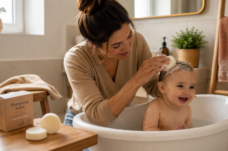Shampoing hypoallergénique enfant. Une femme brune lave les cheveux de son bébé dans une baignoire.