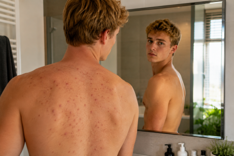 acné fongique. Un homme regarde son dos dans un miroir dans une salle de bain.